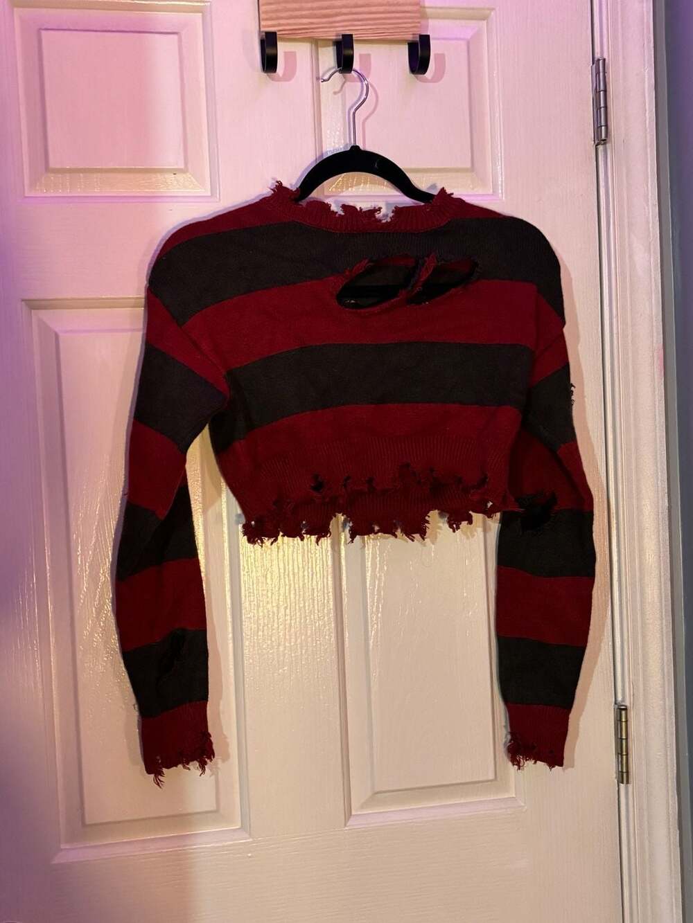 Grunge Goth Red and Black Striped Distressed Crop Sweater Small